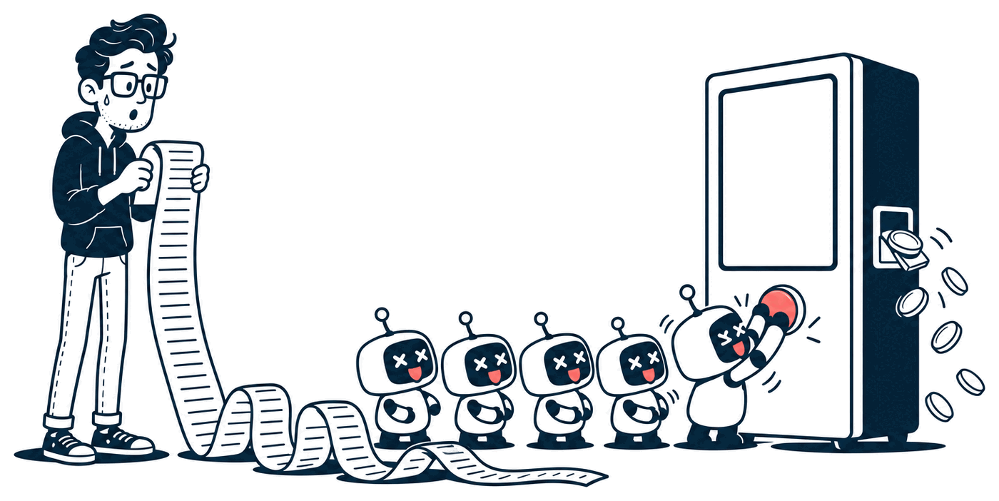 Mr. Nice Try stares wide-eyed at an enormous receipt piling up on the floor, while a queue of little robots happily mash the button on a vending machine.