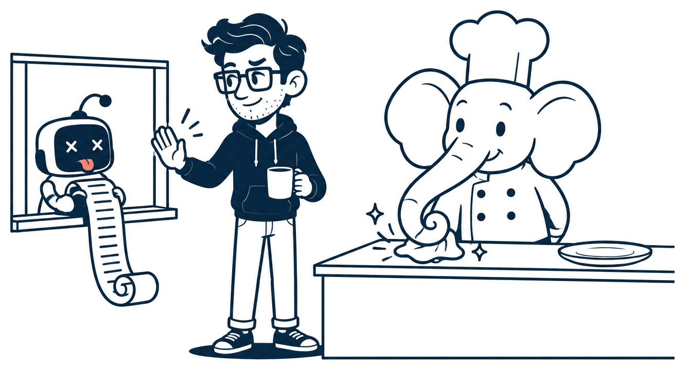 The elephant cook calmly wipes a spotless counter with a cloth in his trunk. At the order window, Mr. Nice Try holds up a palm to a deflated little robot holding an enormous rolled-up order.