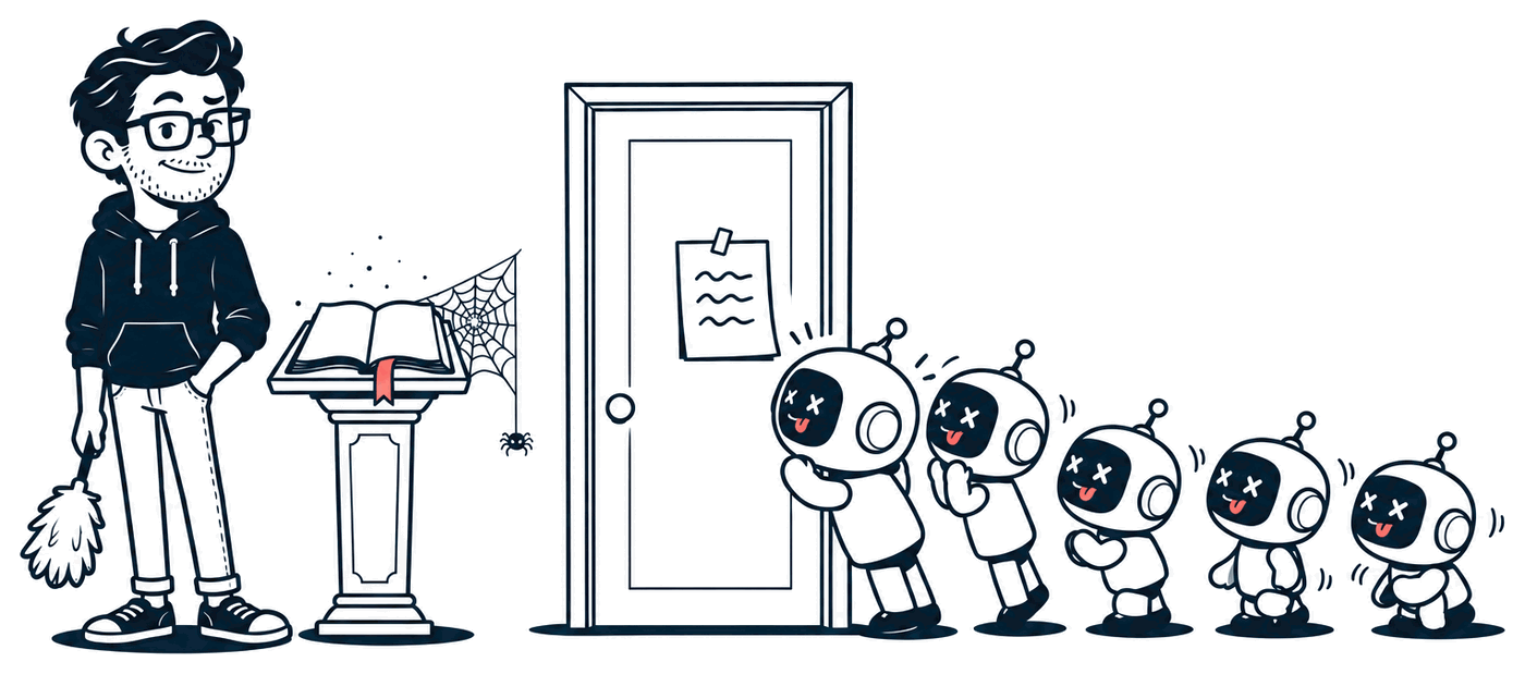 Mr. Nice Try's front door with a plain sheet of paper taped to it. A queue of little robots lines up to read the sheet, while beside the door a fancy lectern holds a beautifully bound booklet with a coral bookmark, covered in cobwebs. Mr. Nice Try stands next to it with a feather duster, one eyebrow raised.