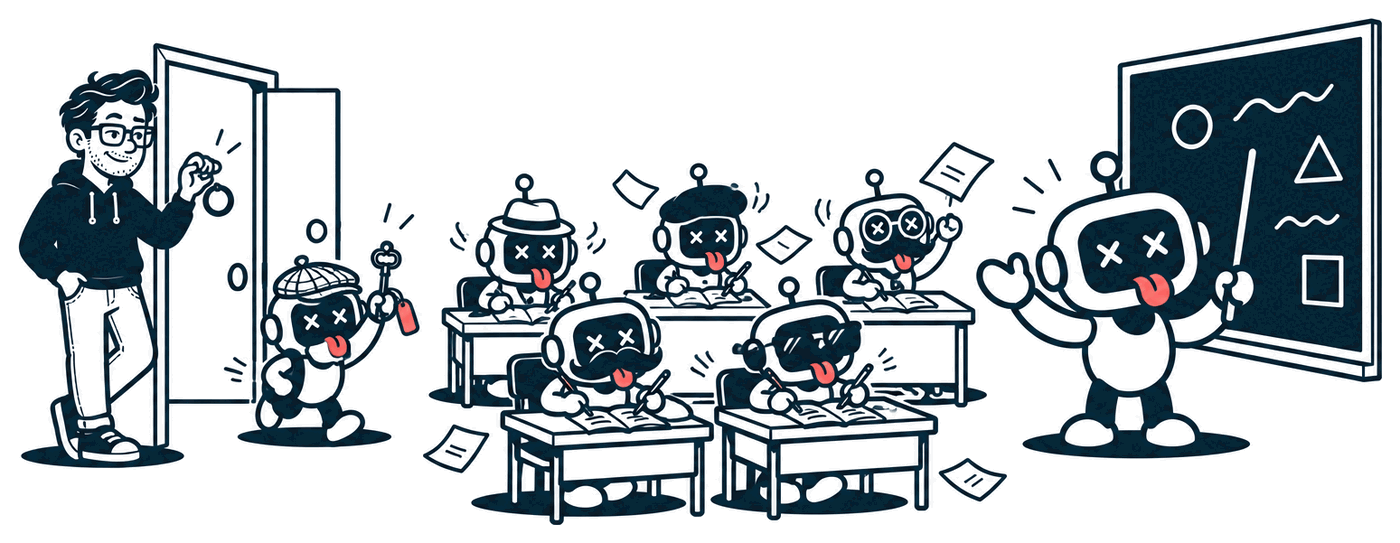 A classroom: a big friendly robot teacher answers at the chalkboard while rows of little robots in fake mustaches and sunglasses scribble down every word. At the door, one more disguised robot slips in holding up a key with a coral tag. Mr. Nice Try stands outside, holding up his own key ring with one empty loop, looking from the loop to the robot's key.