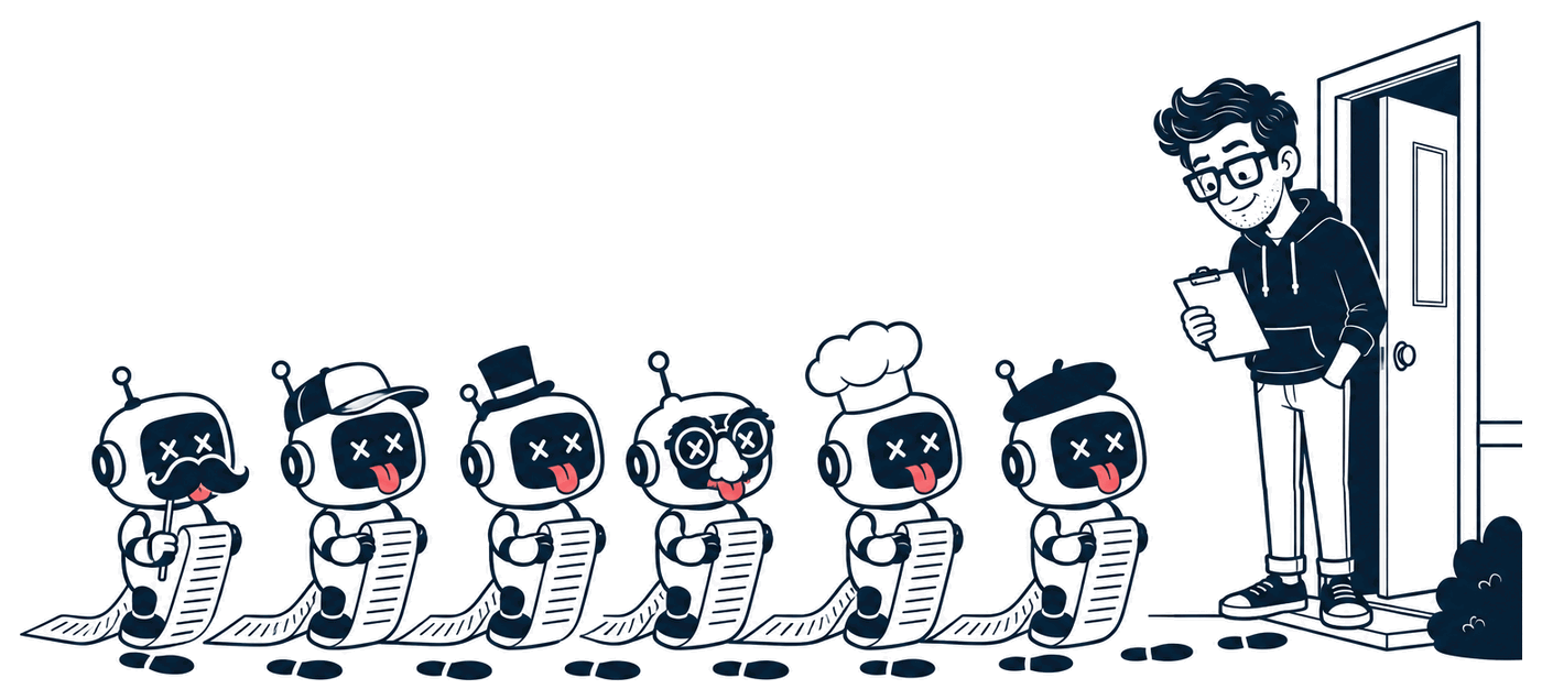 Six identical little robots queue up to a front door, each in a different flimsy disguise (a fake moustache, a delivery cap, a top hat, nose-glasses, a chef's hat, a beret), each dragging the same long scroll. Mr. Nice Try waits in the doorway with a clipboard; the footprints they leave on the path are all identical.