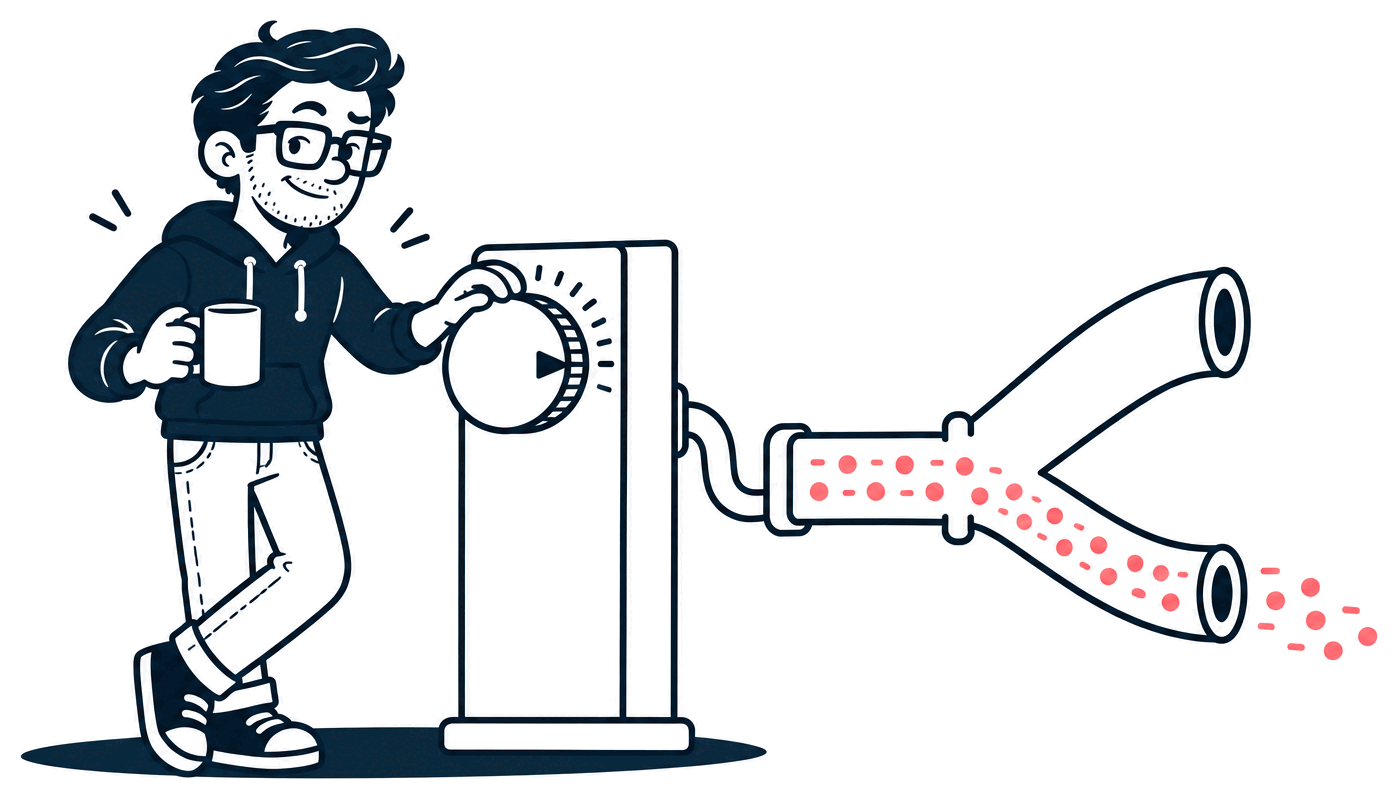 Mr. Nice Try shrugs over his coffee, one hand on a big dial cranked all the way round, as every dot in the pipe pours into the new branch.