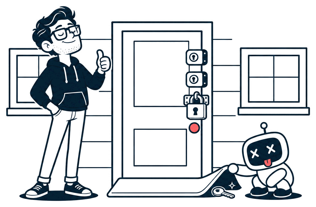 Mr. Nice Try proudly gives a thumbs up to a front door covered in padlocks, while a little robot lifts the doormat to reveal the key underneath.