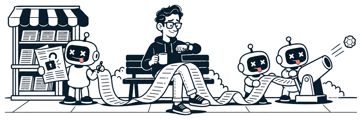 A city sidewalk: a robot at a newsstand reads a paper with a broken padlock on the front page while adding one more line to an endless scroll that trails over a park bench to two robots loading a little cannon. Mr. Nice Try sits on the bench with the scroll across his lap and a coffee in hand, checking his watch.