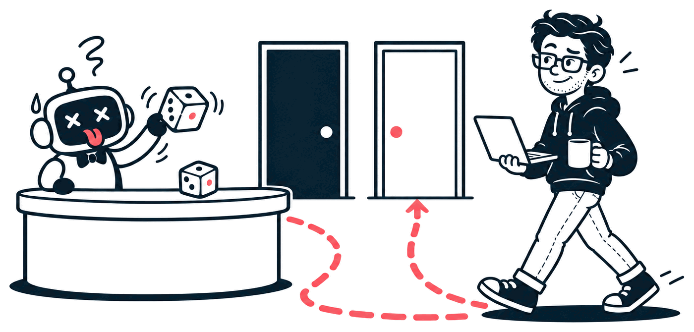 Mr. Nice Try strolls past the baffled, dice-rolling robot receptionist along a coral dashed path he drew himself, straight to the new door, laptop and coffee in hand.