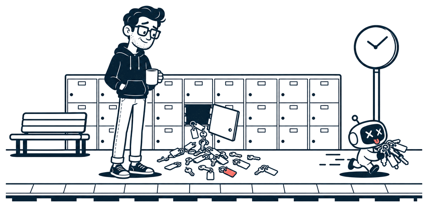 A train station platform with a bank of luggage lockers, one forced open with keys spilling across the floor. A little robot sprints away with an overstuffed key ring while Mr. Nice Try stands beside the broken locker with a coffee, one eyebrow raised.