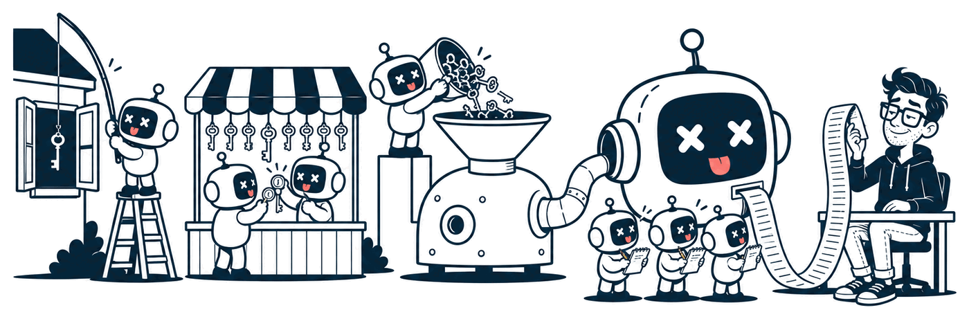 An assembly line from left to right: a robot on a ladder fishes a key out of a house window, a robot shopkeeper sells keys from hooks at a striped market stall, a robot tips armfuls of keys into a big funnel machine that pipes into a giant robot head while small robots take notes, and at the far right Mr. Nice Try sits at a desk holding up a receipt so long it runs across the floor.