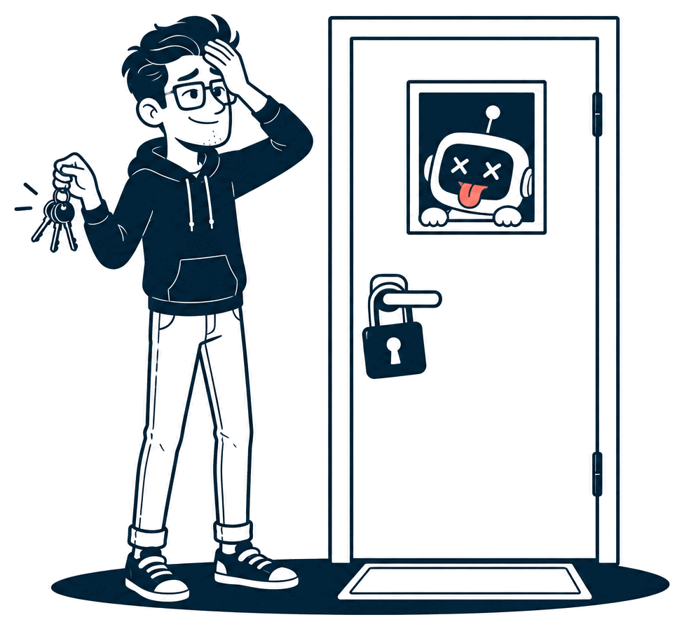 Mr. Nice Try stands outside his own padlocked front door holding a ring of keys, palm to his forehead, while a little robot laughs at him through the door's window.