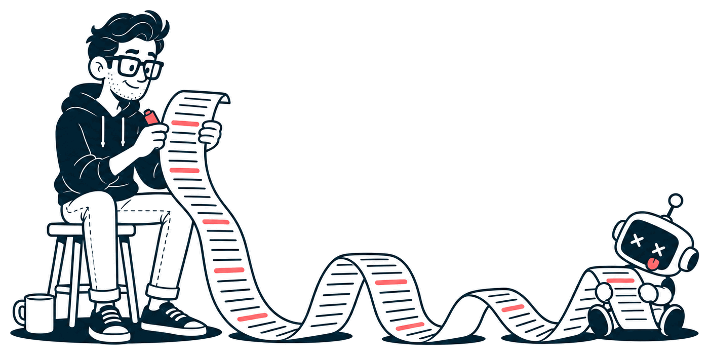 Mr. Nice Try sits on a stool highlighting rows on a log printout that unrolls across the floor to a little robot reading it upside down.