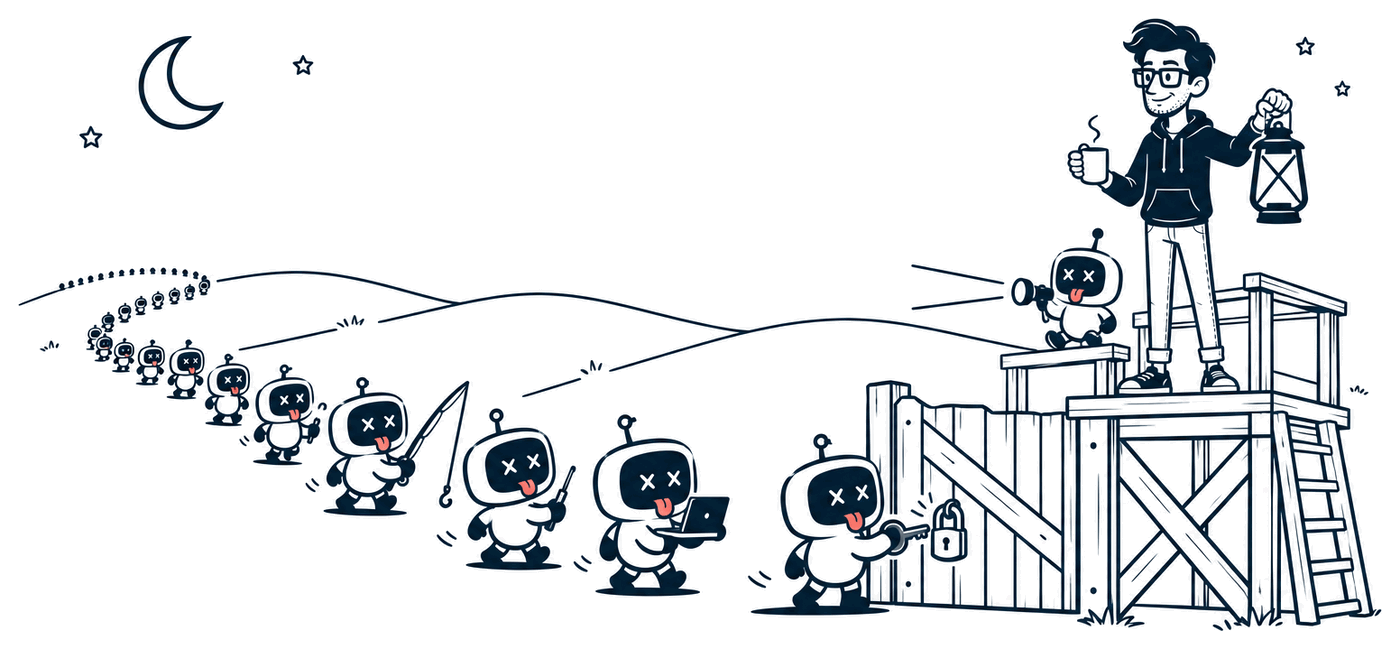 Night at the edge of town, a crescent moon overhead. Mr. Nice Try stands on a small watchtower by a locked gate with a lantern and a steaming mug, while a little robot helper shines a flashlight down the line. The line is an endless procession of robots carrying keys, laptops, lock picks and a fishing rod, winding back over the hills to the horizon. The one at the front is trying a key in the padlock.