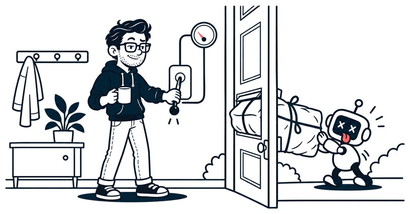 Mr. Nice Try pulls a big lever switch on his hallway wall down to off, coffee in his other hand, while outside a little robot freezes halfway through pushing a lumpy parcel through the mail slot.