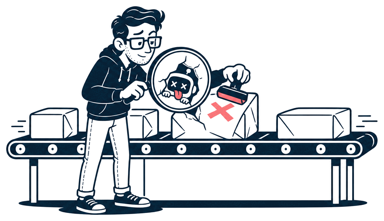 Mr. Nice Try inspects parcels on a mailroom conveyor with a big magnifying glass, finds a little robot hiding inside one, and stamps it with a coral X while the others roll on.