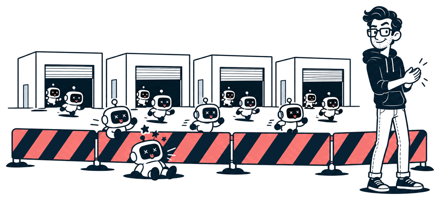 Mr. Nice Try sets down the last section of a striped road barrier across a street lined with four small warehouses, as little robots pour out of their roller doors and bump into it.