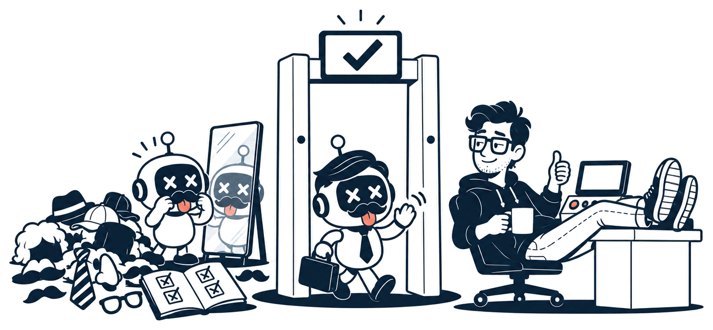 A robot in a tie, a fake moustache and a side-parted wig strolls through a security scanner that shows a check mark, waving. Behind it, another robot tries on one more moustache in a mirror beside a pile of rejected disguises. Mr. Nice Try has his feet up on the console with a coffee, giving it a thumbs up without looking.