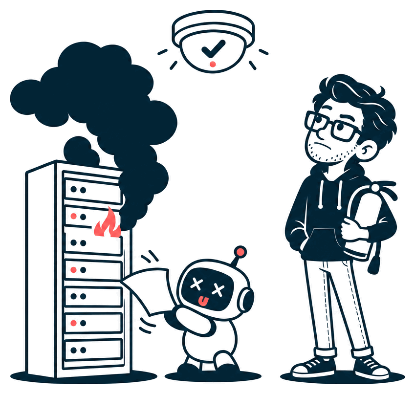 A server rack smokes and flickers with a small flame while the smoke detector above it shows a cheerful checkmark. Mr. Nice Try looks up at it, unimpressed, holding a fire extinguisher.