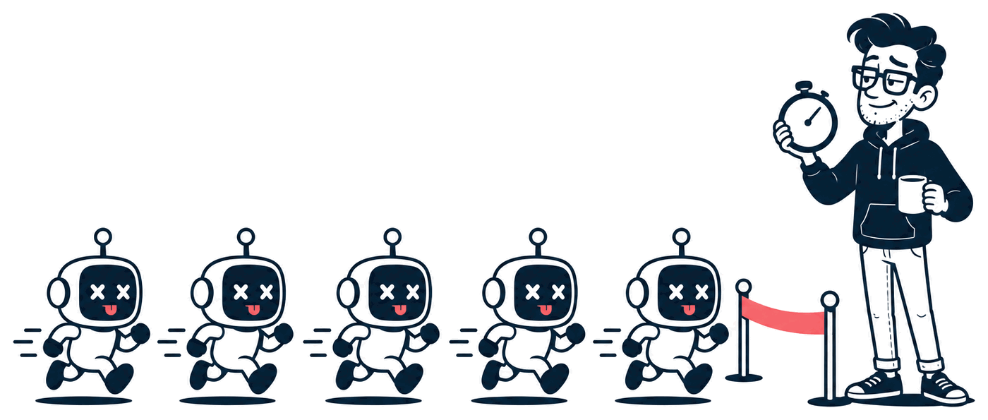 Mr. Nice Try holds up a stopwatch with a coffee in his other hand, behind a little velvet rope, while a line of small robots runs up to it.