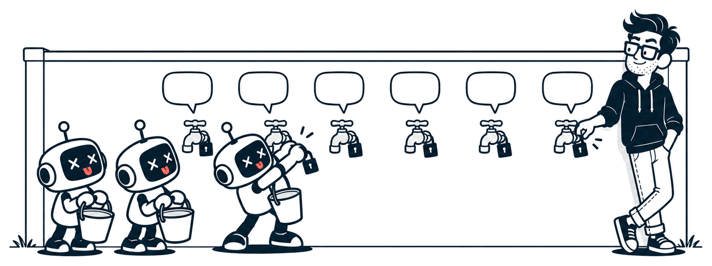 A long wall with a row of outdoor taps, each with an empty speech bubble painted above it. A robot with an empty bucket strains at one tap after another, all padlocked, while two more robots with buckets wait their turn. At the far end, Mr. Nice Try clicks a padlock shut on the last tap.