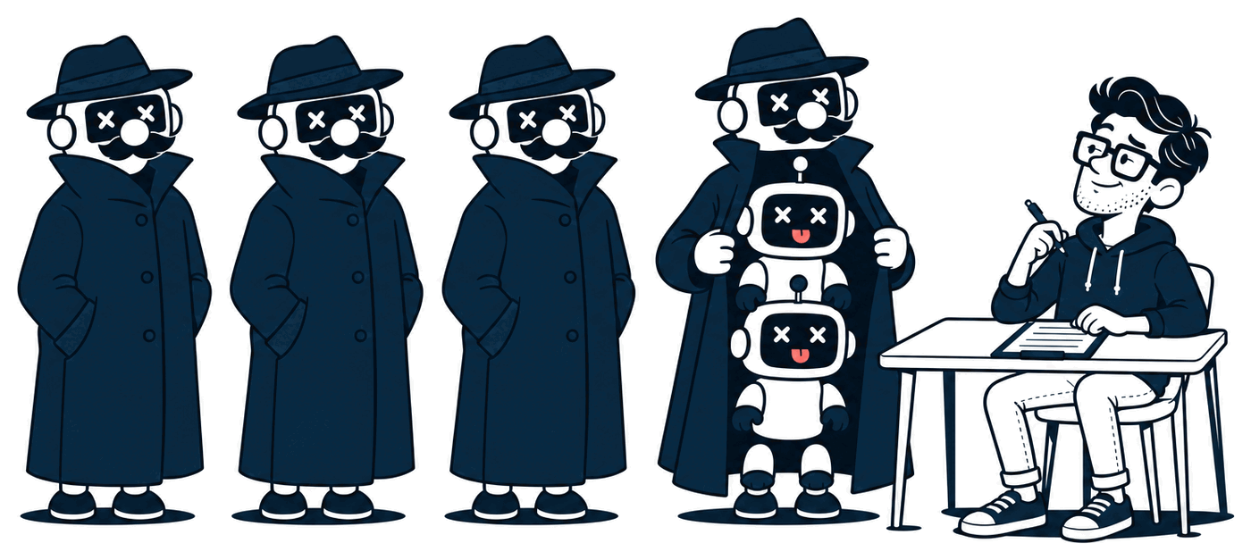 Mr. Nice Try sits at a sign-up desk with a clipboard, one eyebrow raised, looking up at an applicant in a trench coat, hat and fake moustache whose coat has fallen open to show a stack of little robots inside. Three more identical trench coats wait in the queue behind it.