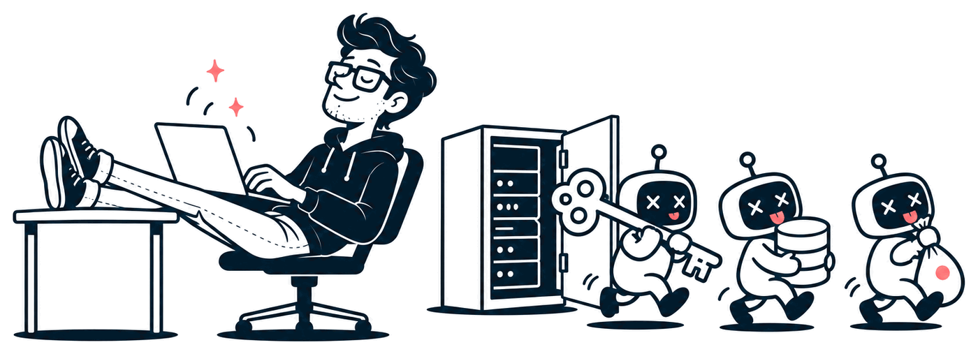 Mr. Nice Try leans back with his feet on the desk, happily vibe coding on a laptop, while behind him three little robots tiptoe out of an open server cabinet carrying a key, a database and a sack of money.