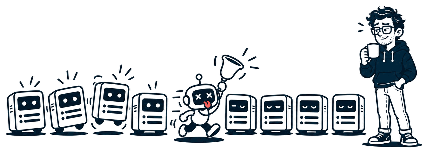 A long row of sleepy little server cabinets wakes up one after another as a small robot sprints past ringing a handbell, while Mr. Nice Try watches from the end of the row with his coffee, one eyebrow raised.