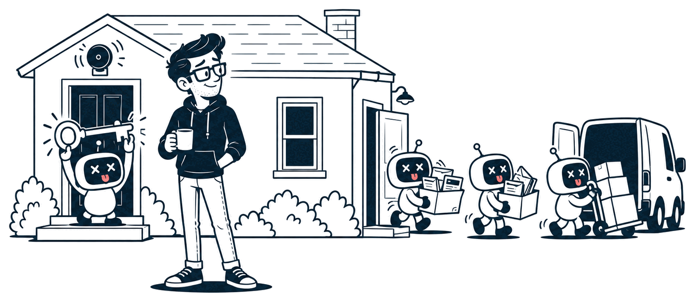 A side view of a house. At the front door, a little robot proudly holds a big key over its head while an alarm bell rings. At the back door, three more robots quietly carry off boxes of envelopes, cards and folders toward a waiting van. Mr. Nice Try stands by the front with his coffee, looking at the back door, one eyebrow raised.