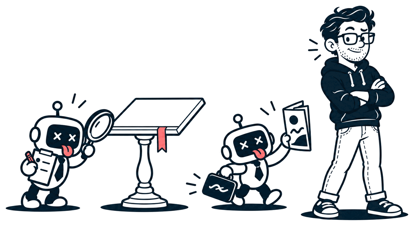 Two little robots in tiny neckties: one bends over an empty lectern with a magnifying glass and a clipboard, ticking a box, while the other marches up to Mr. Nice Try waving a glossy brochure and carrying a briefcase. Mr. Nice Try stands with his arms folded, one eyebrow raised.