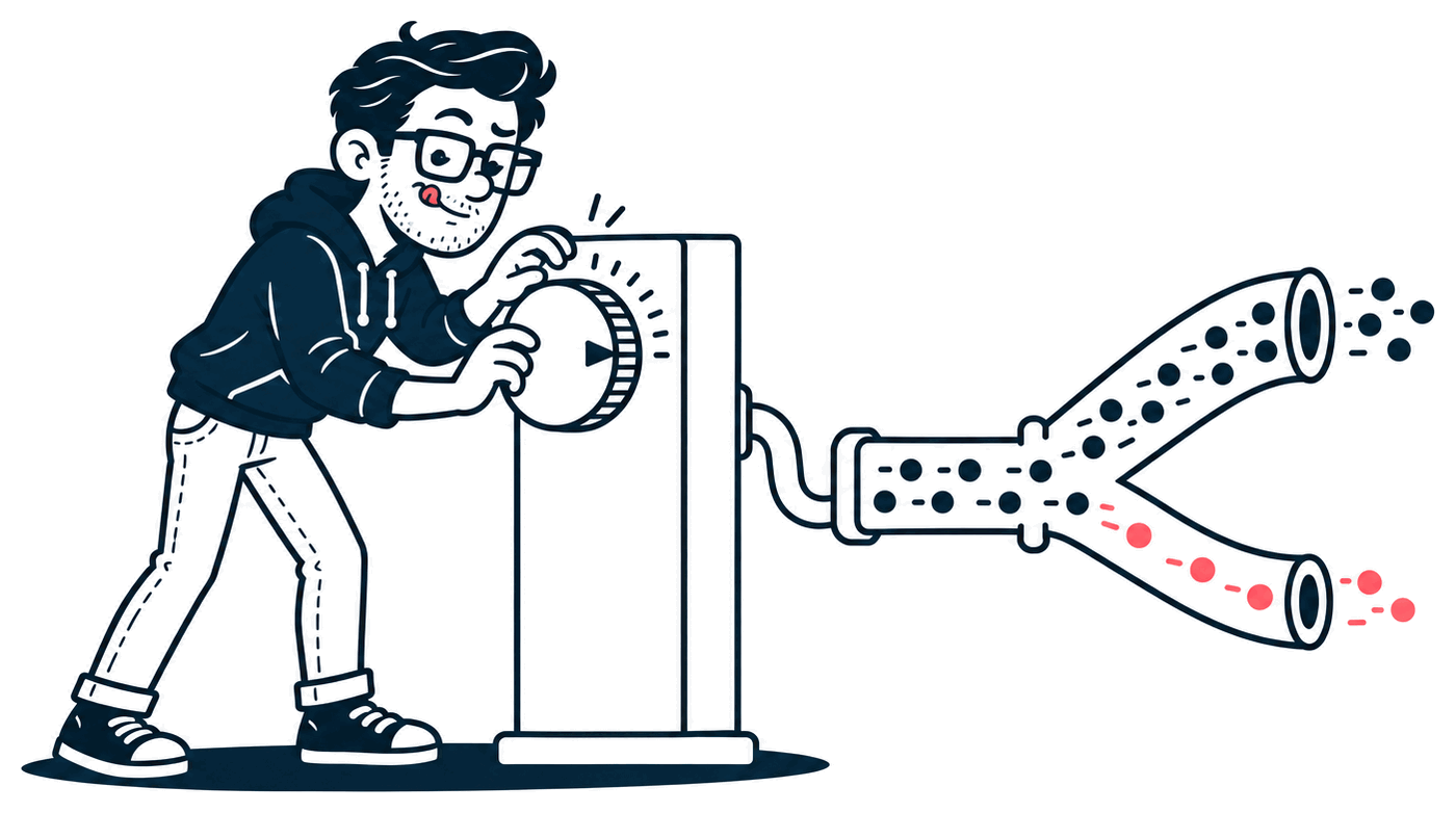 Mr. Nice Try carefully turns a big dial, like a safecracker, as a stream of dots splits between two pipes.