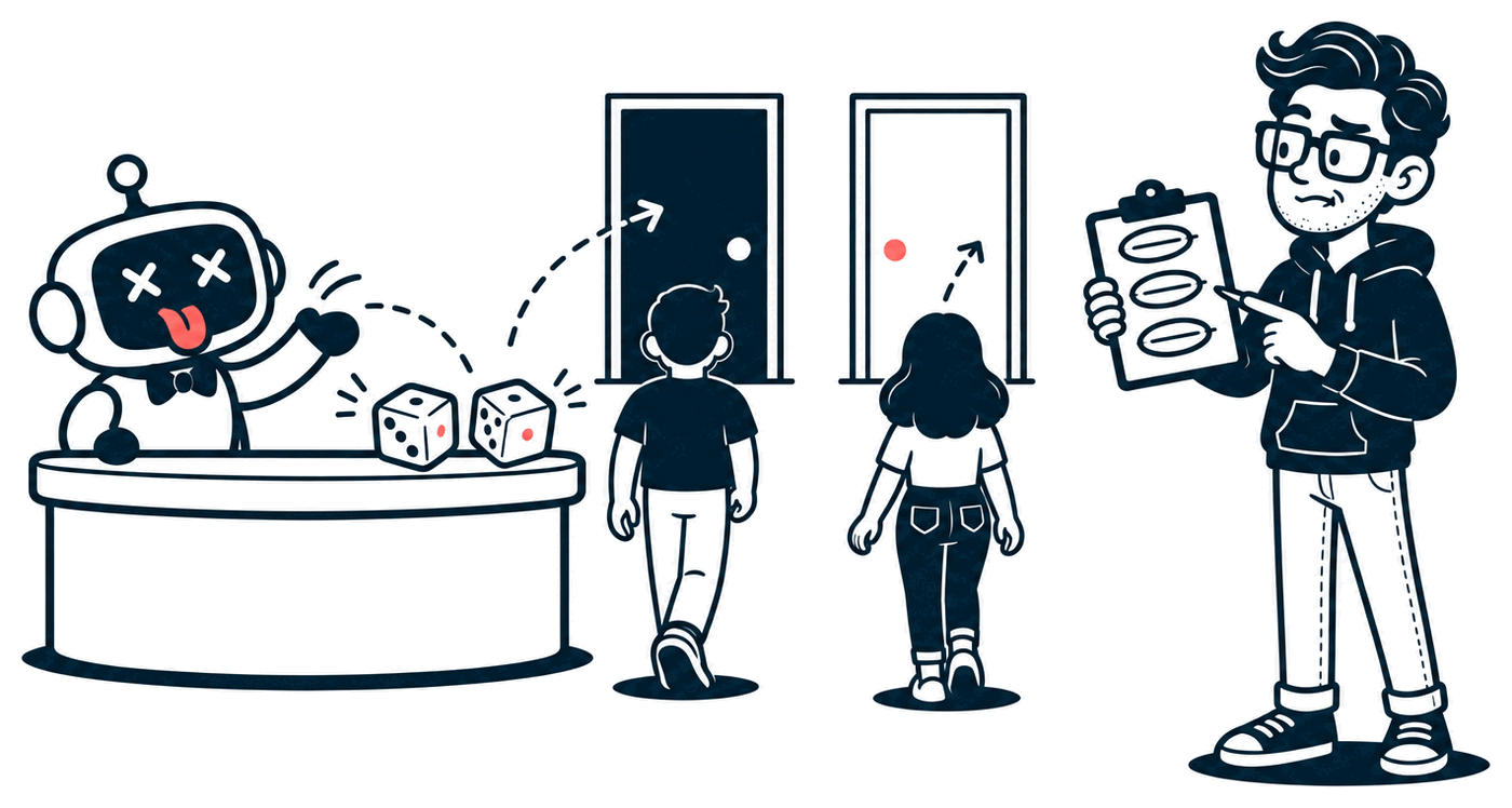 A robot receptionist in a bow tie rolls dice to decide which door each visitor goes through, while Mr. Nice Try holds up a clipboard of the sites he wanted to pick himself.