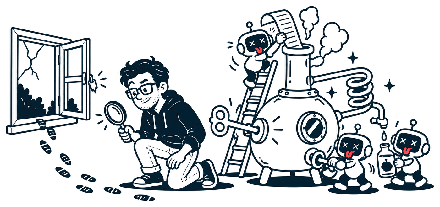 Mr. Nice Try kneels by an open window with a snapped latch, studying a trail of little robot footprints through a magnifying glass, one eyebrow raised. Behind his back, three robots happily run a big shiny distillery: one pours a scroll of paper into the top, one turns the crank, and one catches drops in a small bottle, while a giant stolen key plugged into the side acts as the on-switch. Everyone else is looking at the machine. He's looking at how they got in.