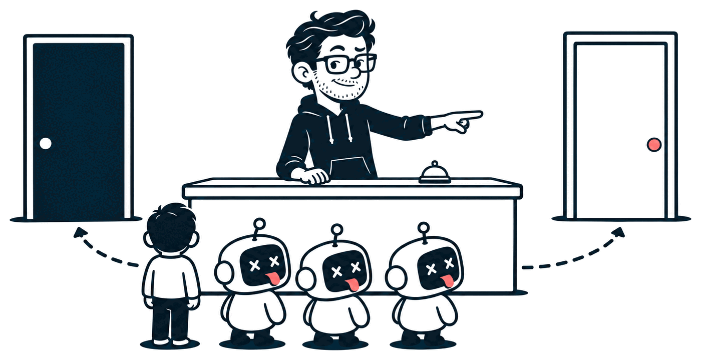 Mr. Nice Try at a front desk, calmly pointing a queue of visitors and little robots from the dark door on the left to the white door on the right.