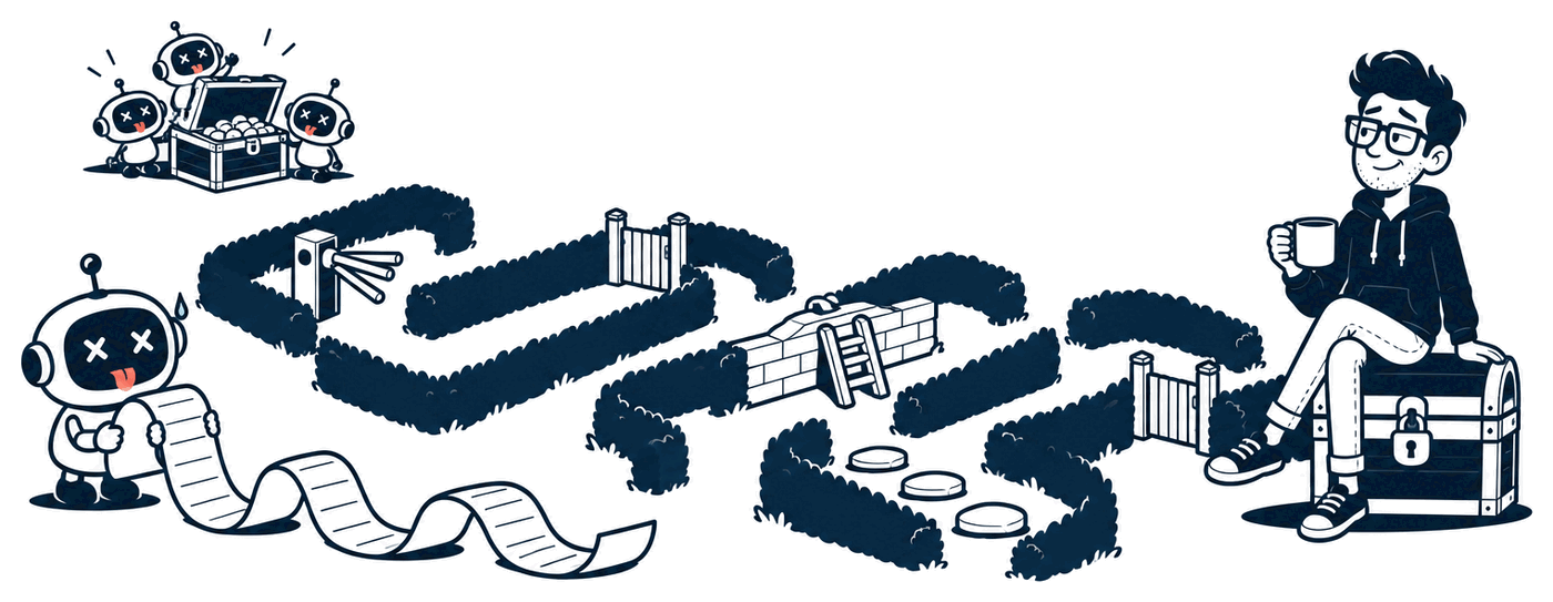Mr. Nice Try sits on a padlocked treasure chest with a coffee at the end of a long hedge maze full of gates, a turnstile, a ladder and stepping stones. At the start, a robot stares at a very long receipt. Far off in the corner, three robots cheer around somebody else's open chest.