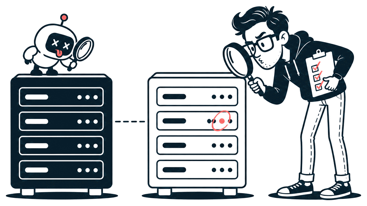 Mr. Nice Try peers through a magnifying glass at two identical servers, one dark and one white, where a single light on the white one is circled. A little robot copies him from on top of the dark server.