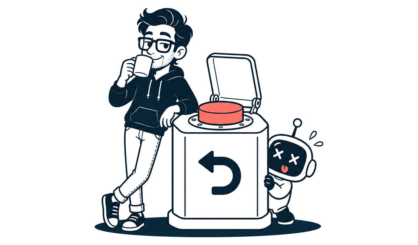 Mr. Nice Try leans on a pedestal with a big coral undo button, sipping coffee, while a nervous little robot peeks out from behind it.
