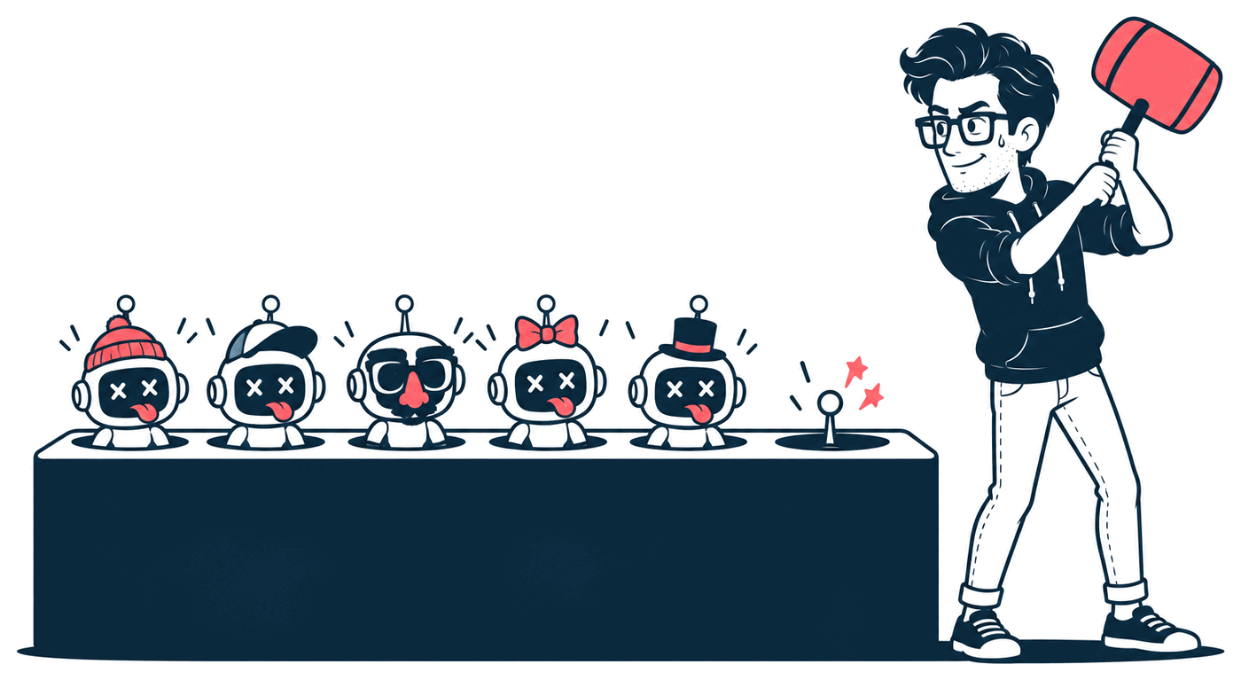 Mr. Nice Try swings a big mallet at a whack-a-mole table. He's just bonked one little robot back into its hole, and five more pop up out of the others, each in a new disguise: a beanie, a cap, fake glasses and nose, a bow and a top hat.