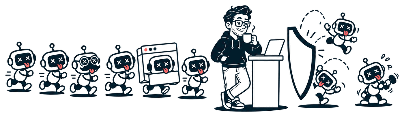 A queue of little robots, some in disguises, marches toward Mr. Nice Try, who sips coffee at a podium while the robots bounce off a big shield.