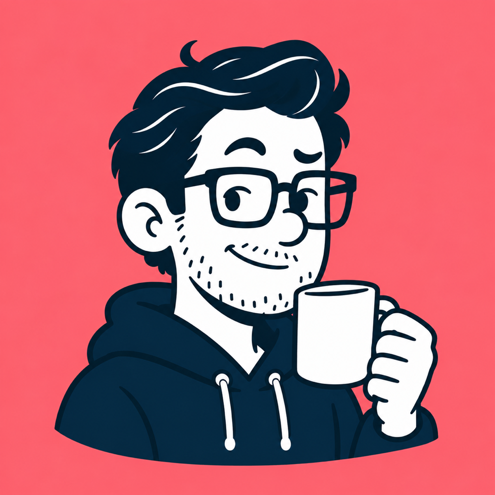 Mr. Nice Try, a cartoon developer in glasses and a navy hoodie, holding a mug