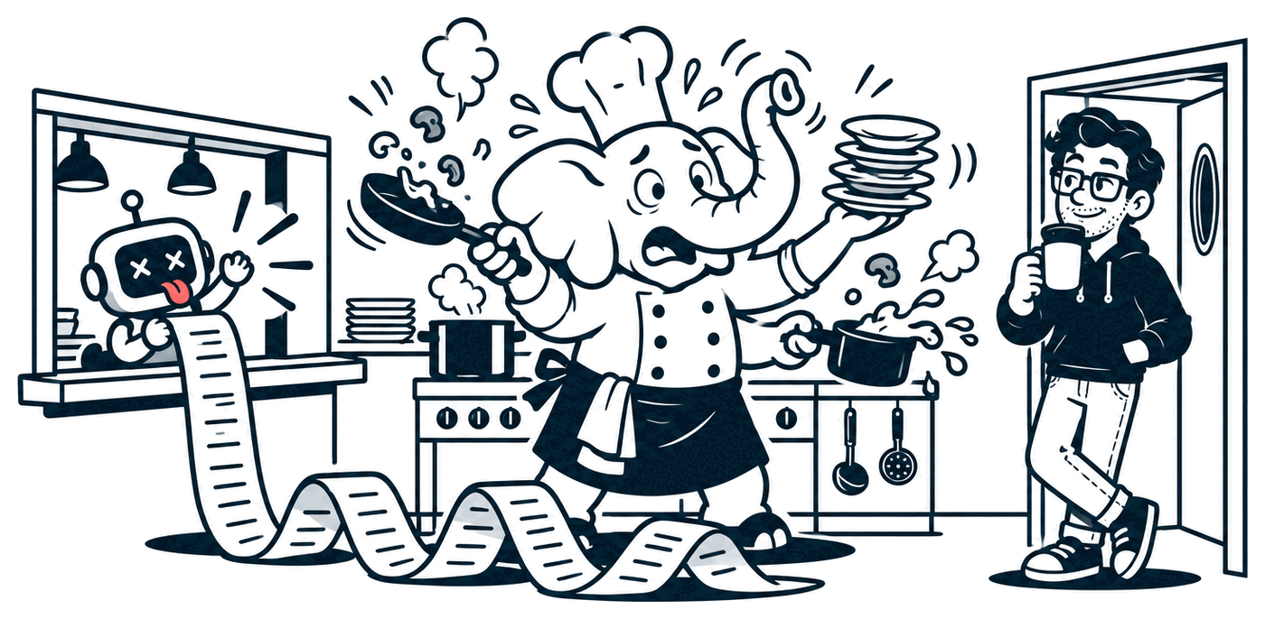 A panicking elephant cook in a chef's hat juggles too many pans while a little robot at the order window shouts an order so long the ticket loops across the kitchen floor. Mr. Nice Try leans in the doorway with a coffee, one eyebrow raised.