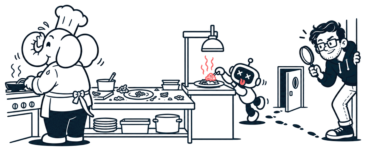 The elephant cook is busy at the stove with the next order, next to a counter nobody wiped. A little robot who crept in through the back door drops something rotten, with coral stink lines, onto a plate waiting under the heat lamp. Mr. Nice Try peeks in from the edge with a magnifying glass.