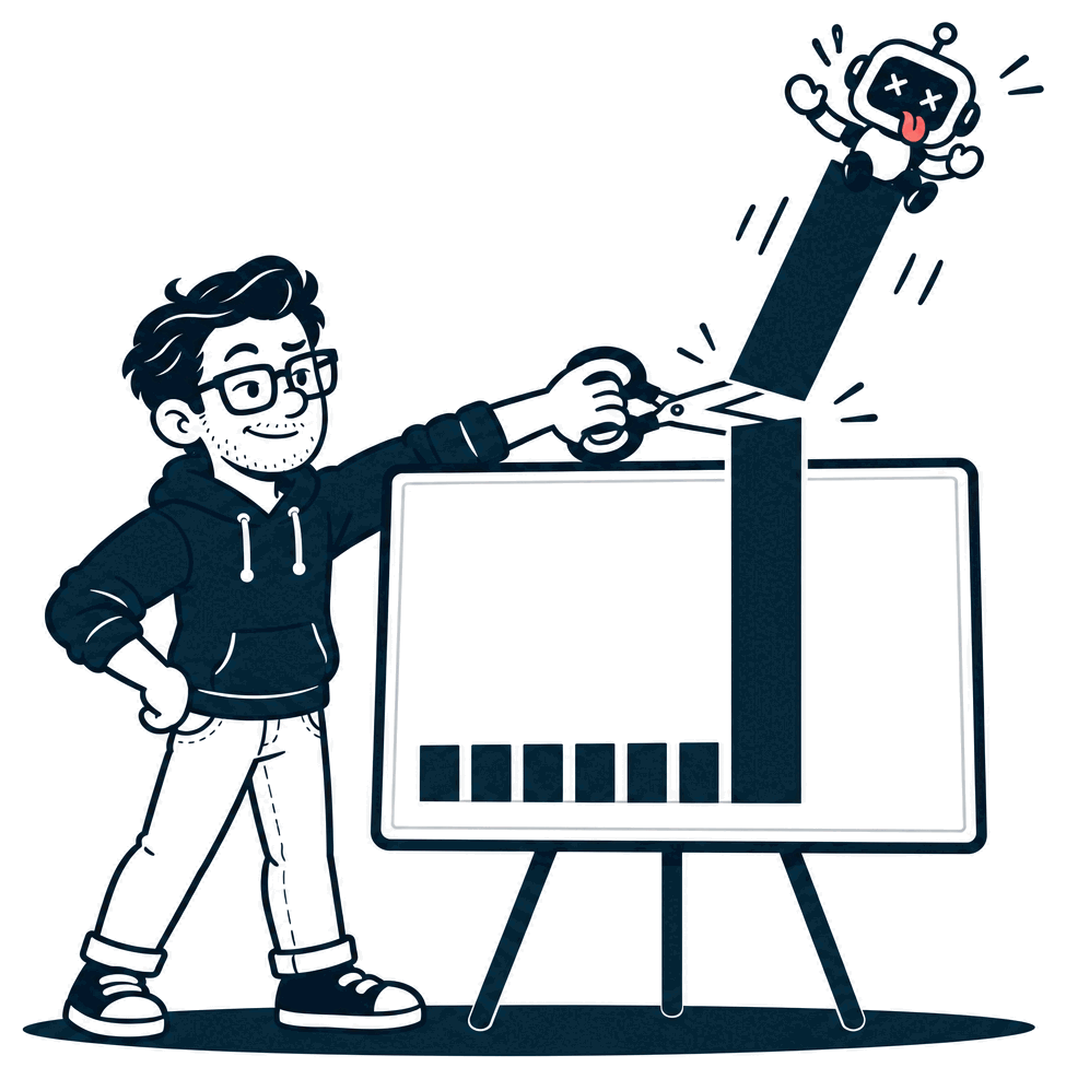 Mr. Nice Try snips the top off one enormous bar that shoots up through the top of a whiteboard chart, while a surprised little robot rides the cut-off piece.