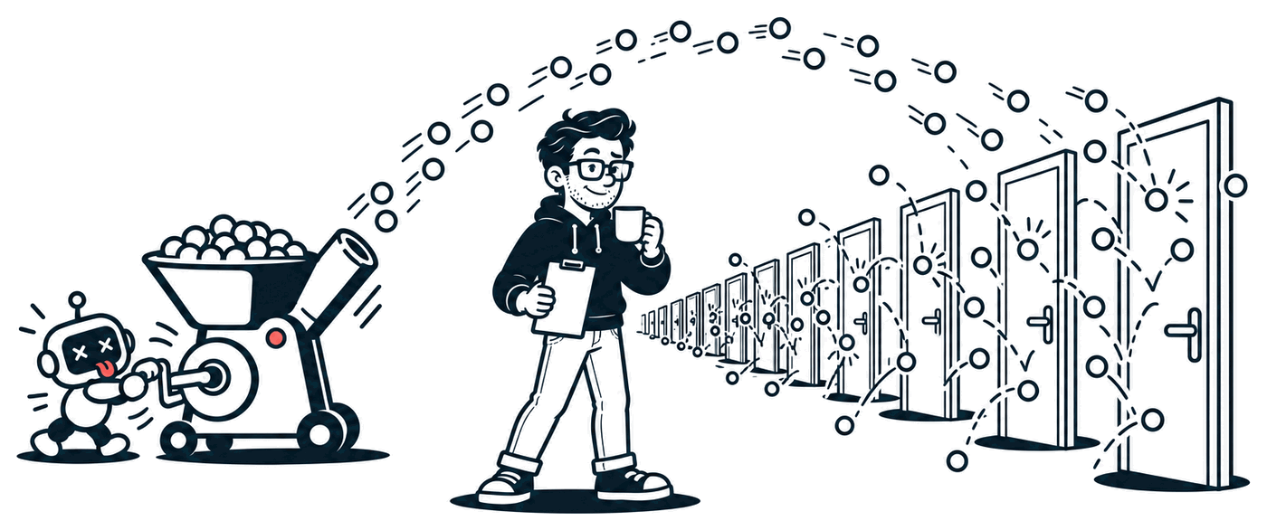 One small robot cranks a big tennis-ball launcher, firing a stream of balls at a long row of front doors, while Mr. Nice Try stands beside the stream with his coffee and a clipboard, counting.