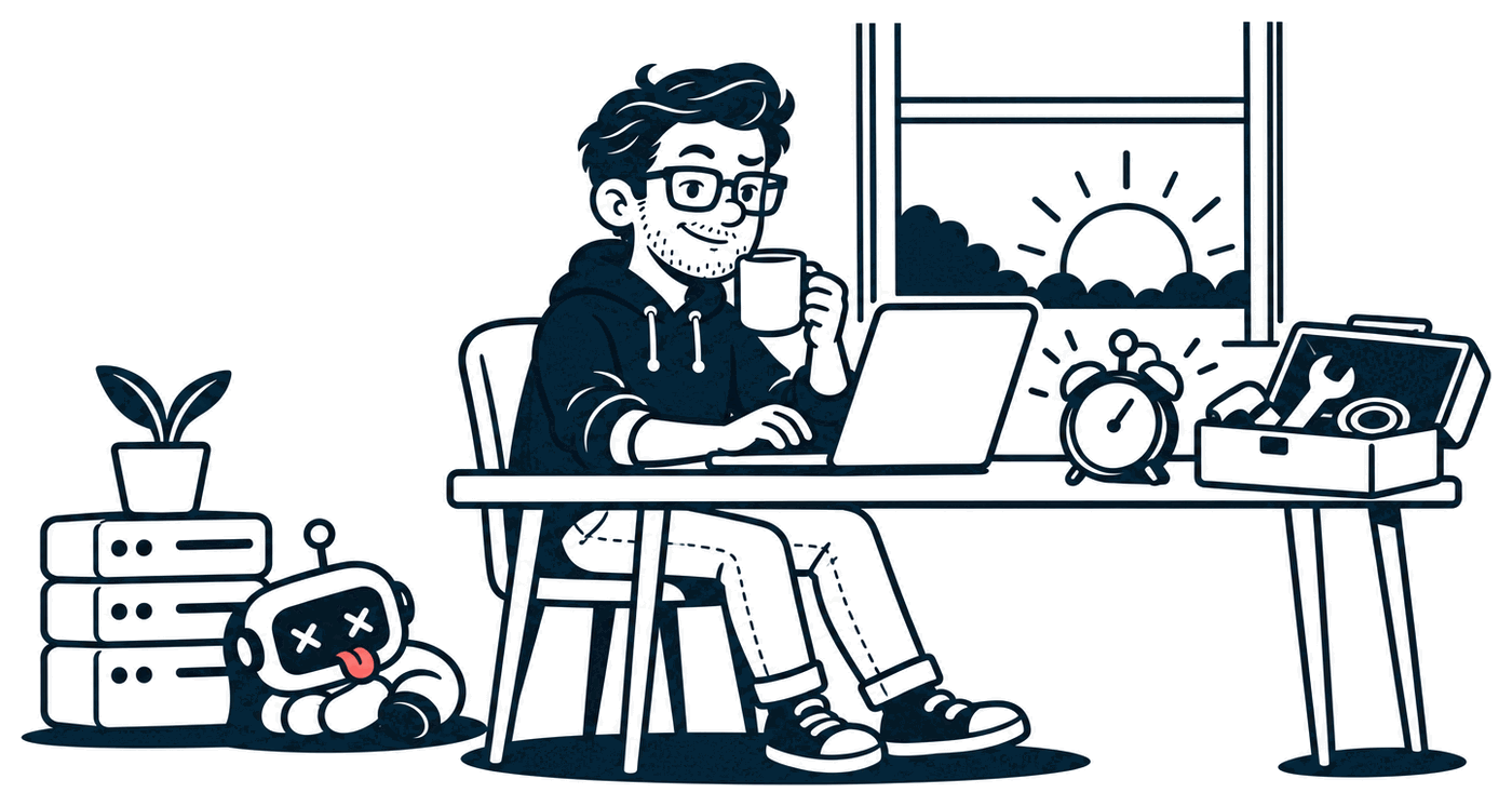 Early morning: Mr. Nice Try at his desk with a coffee and a laptop, a just-rung alarm clock and an open toolbox beside him, while a little robot sleeps on the floor against a shelf of servers.