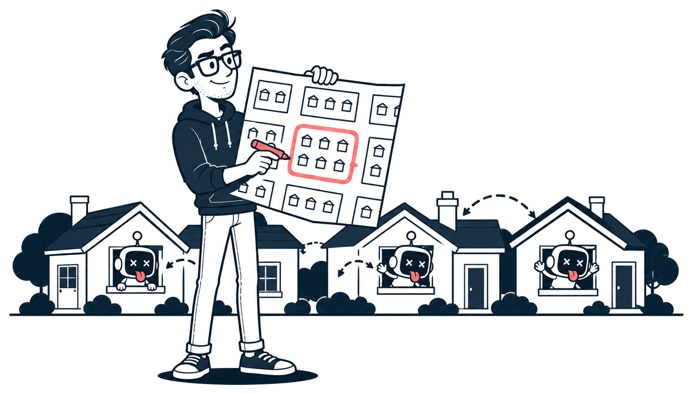 Mr. Nice Try draws a coral loop around one whole block on a neighborhood map while, behind him, a little robot hops from window to window along the same row of houses.